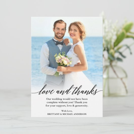 書モダンの愛と感謝していの結婚写真 サンキューカード (スタンド正面)