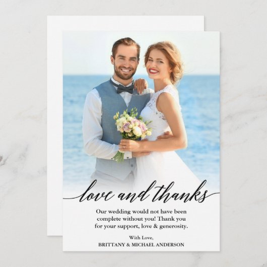 書モダンの愛と感謝していの結婚写真 サンキューカード (正面/裏面)