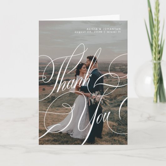 書モダンエレガント字の台本8枚結婚写真 サンキューカード (正面)