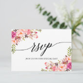 書モダンエレガント書ピンクフローラ結婚ズ 出欠カード (スタンド正面)