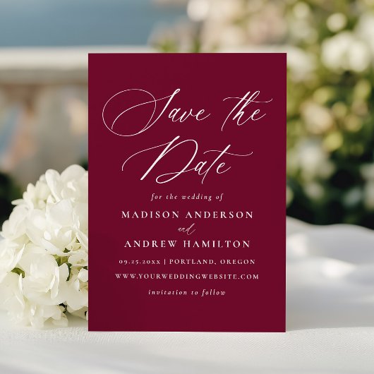 書モダンエレガント書ブルグンディ結婚ズ セーブザデート