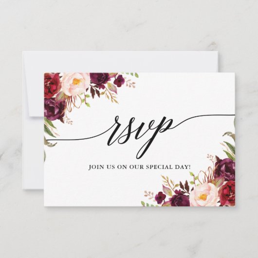 書モダンエレガント書ブルゴーニュフローラ結婚ズ 出欠カード (正面)