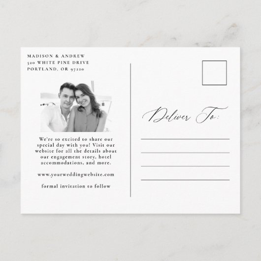 書モダンエレガント跡の写真の保存日付 案内ポストカード (裏面)