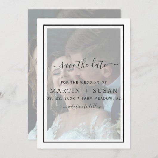 書モダンエレガント跡フォトオーバーレイ結婚ズ セーブザデート (正面/裏面)