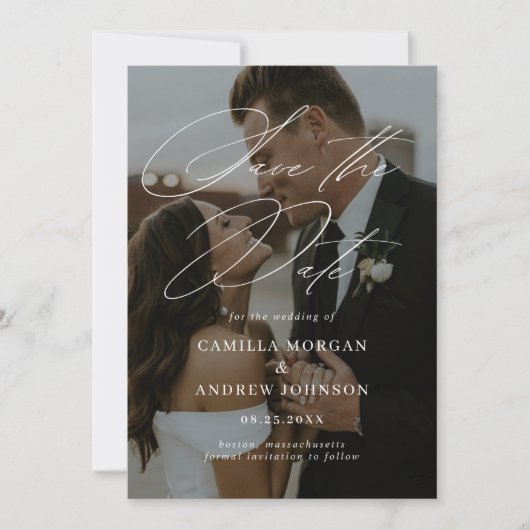 書モダンミニマル跡の写真の日付の保存 招待状 (正面)