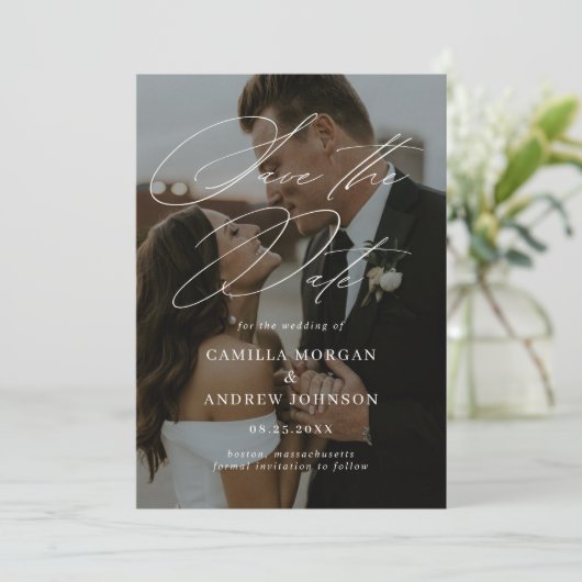 書モダンミニマル跡の写真の日付の保存 招待状 (スタンド正面)