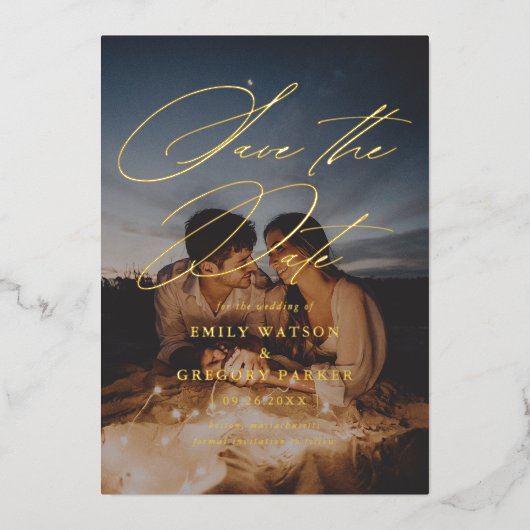 書モダンミニマル跡の写真の日付の保存 箔招待状 (正面)