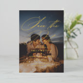 書モダンミニマル跡の写真の日付の保存 箔招待状 (立ち正面)