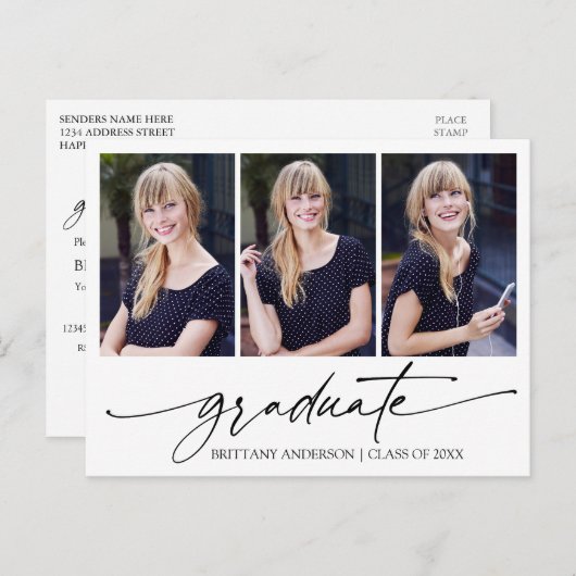 書モダン墨三写真卒業パーティー ポストカード (正面/裏面)