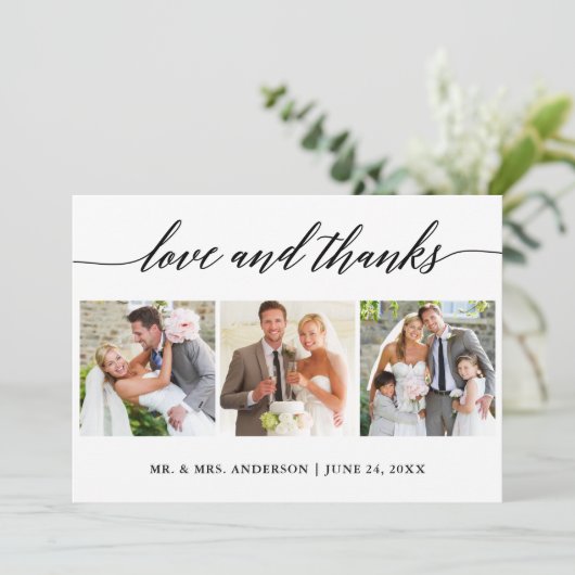 書モダン好と感謝していの結婚3枚の写真 サンキューカード (スタンド正面)