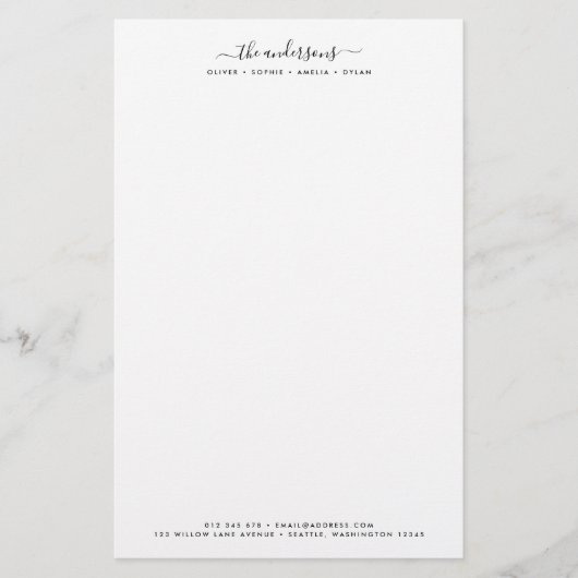 書モダン字のパーソナライズされたファミリ名 便箋 (正面)