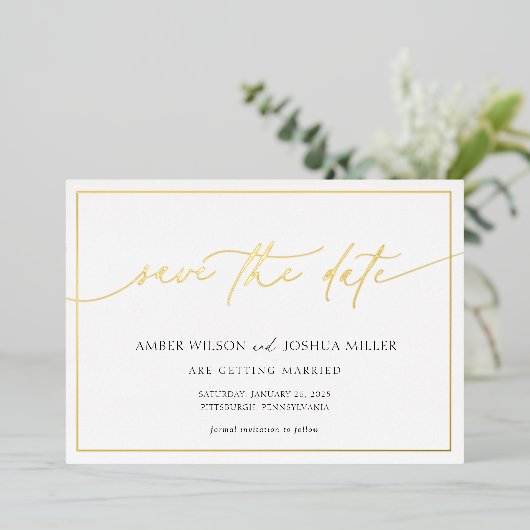 書モダン式結婚式の日付の保存 箔招待状 (立ち正面)