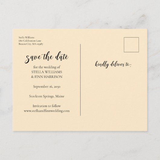 書モダン式結婚式の日付写真を保存 案内ポストカード (裏面)