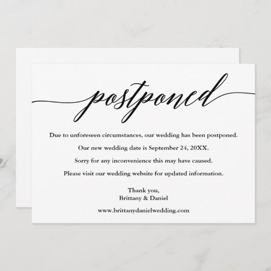 書モダン書が新しい日付結婚カードを延期 セーブザデート (正面/裏面)