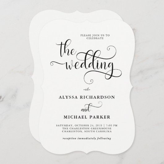 書モダン渦巻形の書の白黒結婚文字 招待状 (正面/裏面)