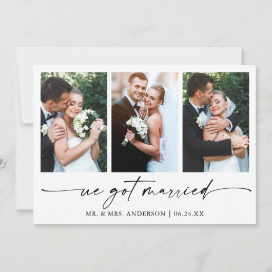 書モダン筆インクペンスクリプト3枚結婚の写真 案内状 (正面)