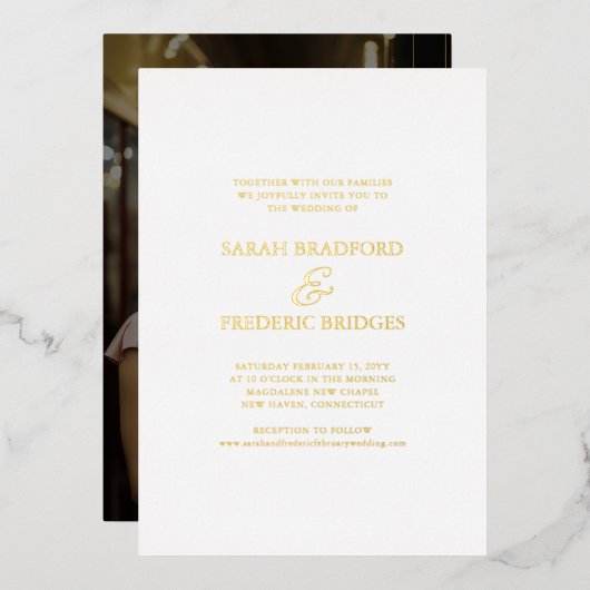 書モダン跡のホワイトフォト結婚ズ 箔招待状 (正面/裏面)