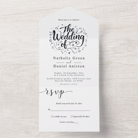 書モダン跡の文字の白黒結婚付き オールインワン招待状 (内側)