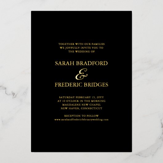 書モダン跡の黒写真のスクリプ結婚ト 箔招待状 (正面)