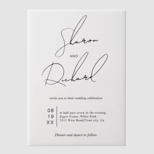 書モダン跡の黒白結婚文字 ベラム紙招待状 (正面)
