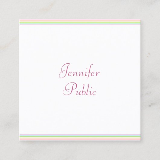 書モダン跡スクリプカラフルストライプのトレンディー スクエア名刺 (正面)