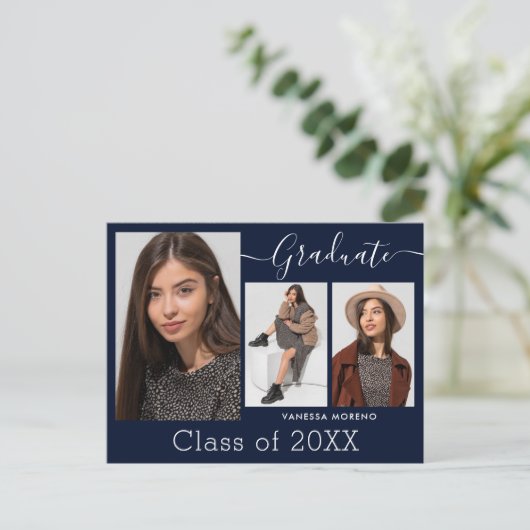 書モダン跡スクリプトブルー3写真卒業 ポストカード (スタンド正面)