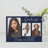 書モダン跡スクリプトブルー3写真卒業 案内状 (スタンド正面)