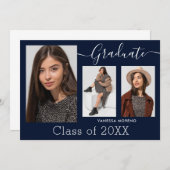 書モダン跡スクリプトブルー3写真卒業 案内状 (正面/裏面)