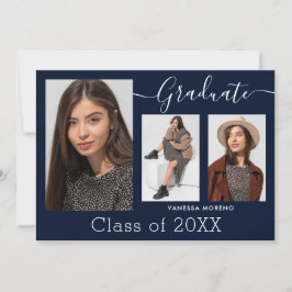 書モダン跡スクリプトブルー3写真卒業 案内状