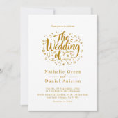 書モダン跡スクリプト白と金ゴールド結婚の 招待状 (正面)