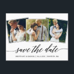 書モダン跡スクリプト3写真データの保存 ポストカード<br><div class="desc">書モダンエレガント跡3写真コラージュ日付の婚約発表葉書結婚を保存</div>