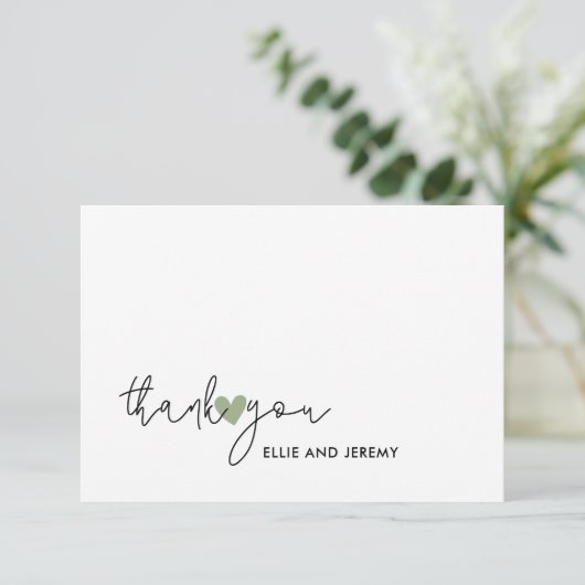 書モダン跡スクリプトSage Greenハート結婚ズ サンキューカード (スタンド正面)