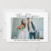 書モダン跡ハートスクリプト写真結婚の サンキューカード (正面)