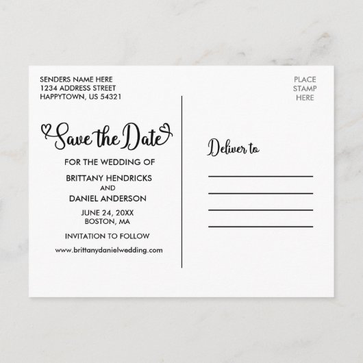 書モダン跡ハート写真の保存日付 ポストカード (裏面)