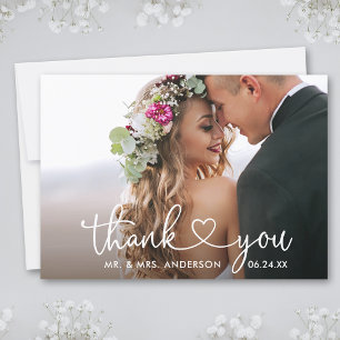 書モダン跡ハート写真結婚の サンキューカード