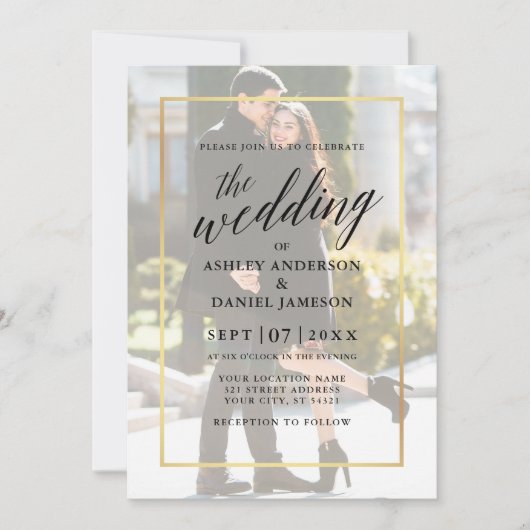 書モダン跡金ゴールドフレーム写結婚真 招待状 (正面)