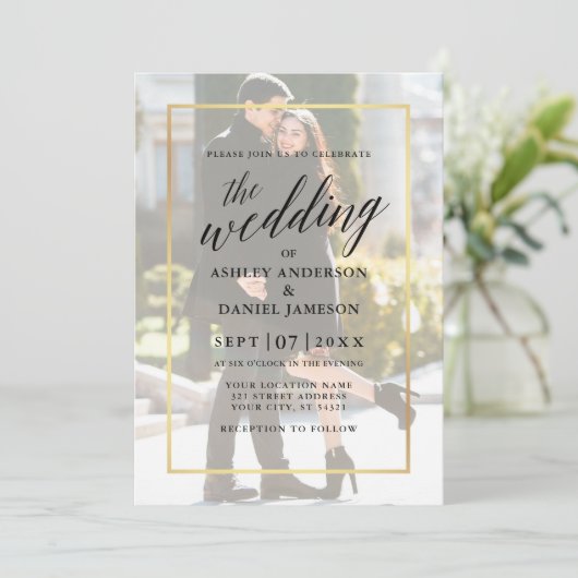 書モダン跡金ゴールドフレーム写結婚真 招待状 (スタンド正面)