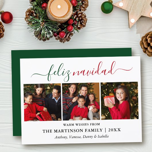 書モダン跡3 Photo Green Red Feliz Navidad シーズンカード