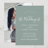 書モダン跡Sage Green Photo結婚's 招待状 (正面/裏面)