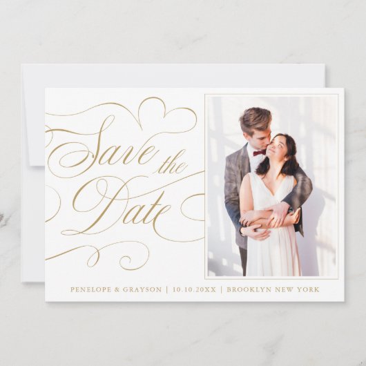 書モダン道のタイムレス金ゴールド写真結婚のs セーブザデート (正面)