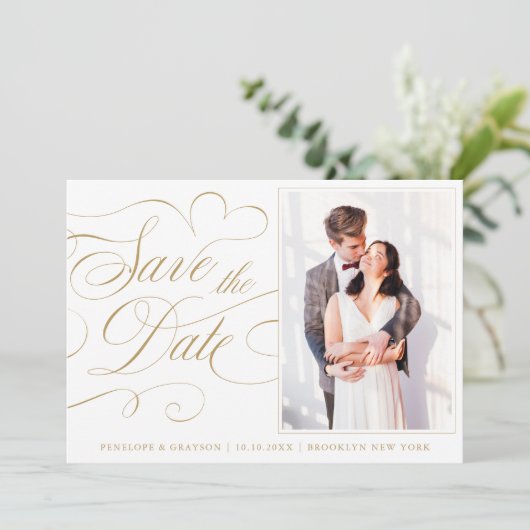 書モダン道のタイムレス金ゴールド写真結婚のs セーブザデート (スタンド正面)