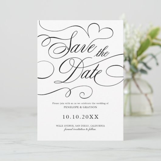 書モダン道のタイムレス黒QRコー結婚ド セーブザデート (スタンド正面)