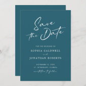 書モダン道ティール(緑がかった色)ブルーシンプル結婚 セーブザデート (正面/裏面)