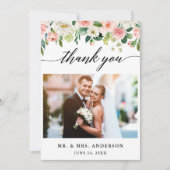書モダン道ピンクのフローラの結婚写真 サンキューカード (正面)