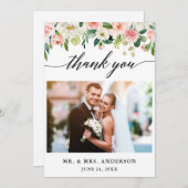 書モダン道ピンクのフローラの結婚写真 サンキューカード (正面/裏面)