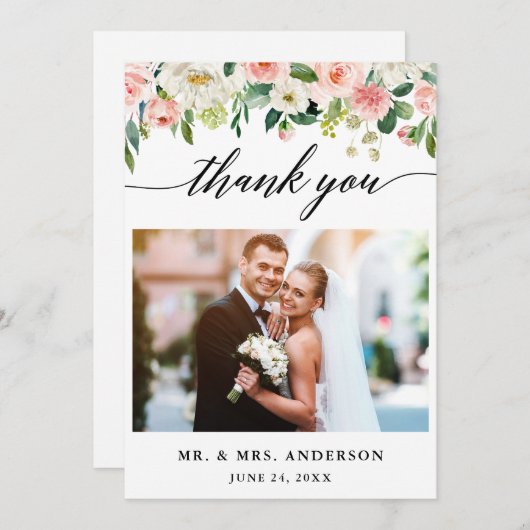 書モダン道ピンクのフローラの結婚写真 サンキューカード (正面/裏面)
