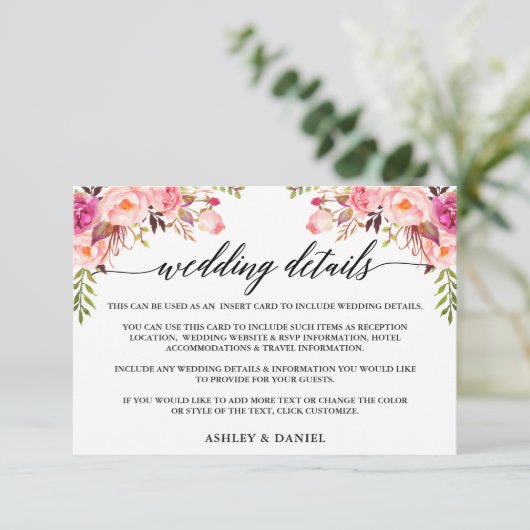 書モダン道ピンクのフローラ結婚の詳細 エンクロージャーカード (スタンド正面)