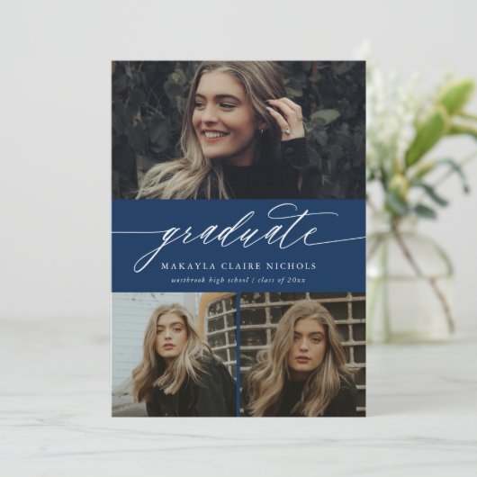 書モダン道ブルー3枚の写真卒業 招待状 (スタンド正面)