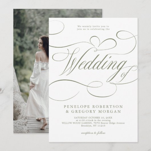 書モダン道ミニマリストSage Green結婚's 招待状 (正面/裏面)