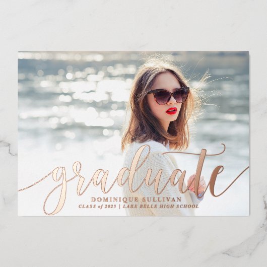 書モダン道写真卒業バラ金ゴールド 箔招待状 (正面)